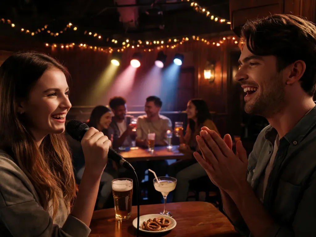 Para młodych ludzi śpiewa i bawi się przy karaoke w przytulnym barze, wśród znajomych, drinków i przekąsek.