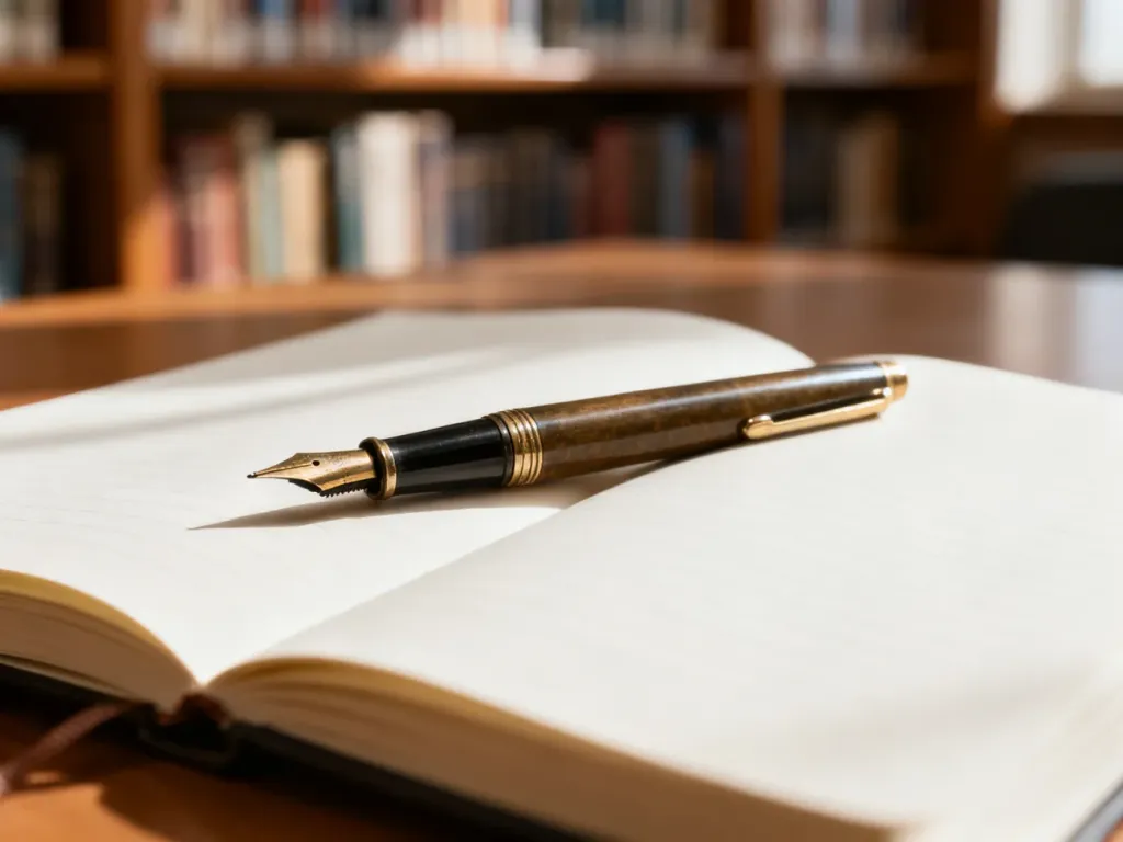 Pióro wieczne leżące na otwartym notatniku w bibliotecznym wnętrzu, nawiązujące do tematyki pisania i gramatyki.