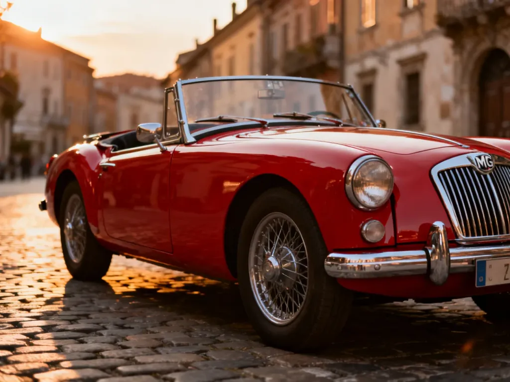 Klasyczny, czerwony roadster marki MG zaparkowany na brukowanej uliczce w historycznym europejskim miasteczku.
