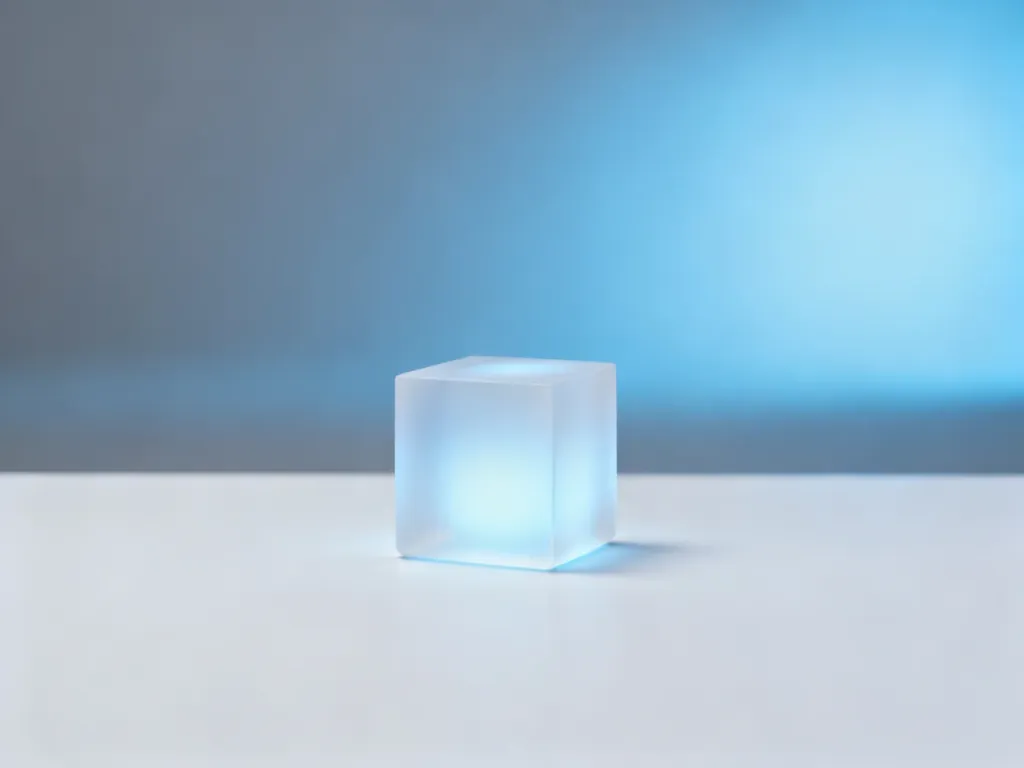 Abstrakcyjny, świecący sześcian na minimalistycznym tle, symbolizujący nowoczesne technologie i innowacje.