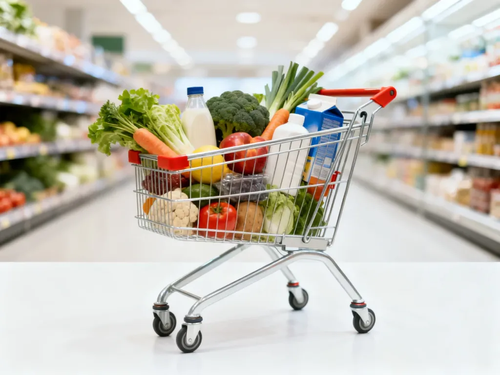 Wózek sklepowy wypełniony świeżą żywnością i artykułami gospodarstwa domowego na tle supermarketu.