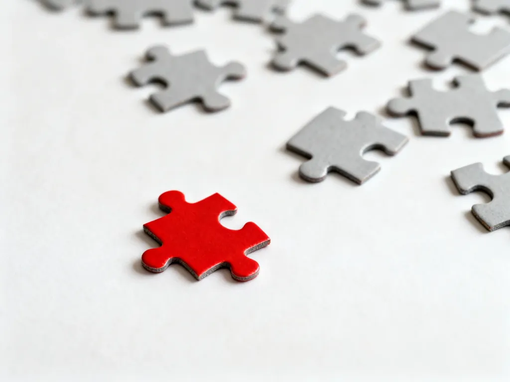 Czerwony element układanki wyróżniający się na tle szarych puzzli, symbolizujący zakłócenie porządku i dywersję.