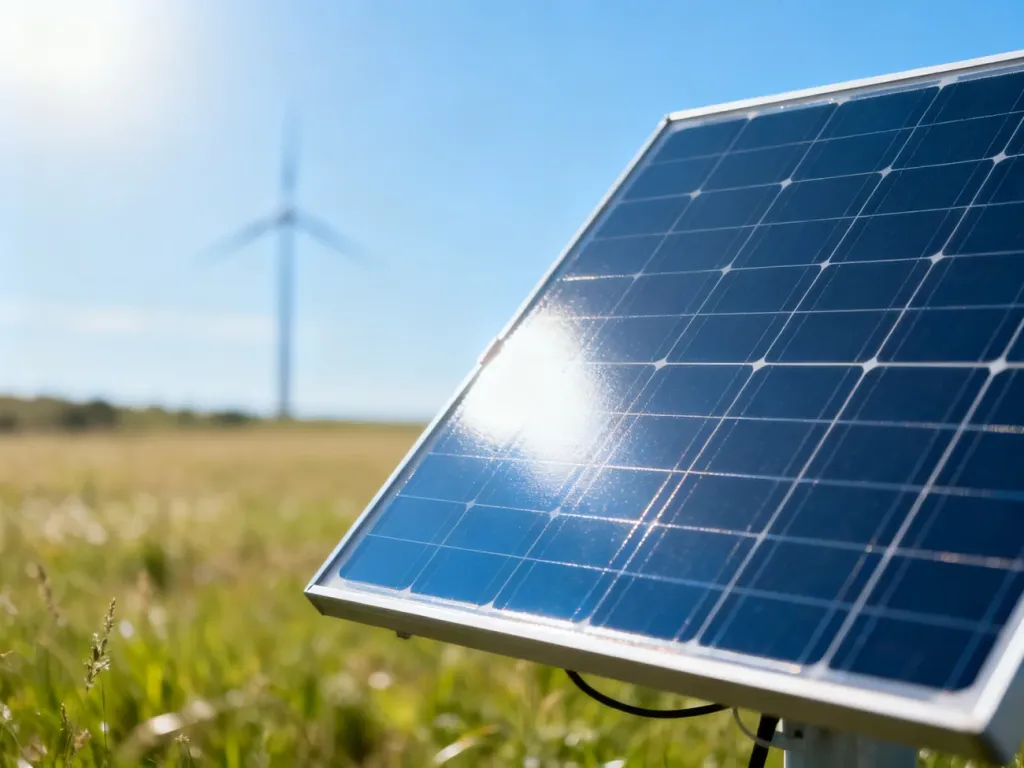 Nowoczesny panel słoneczny na tle słonecznej łąki i sylwetki turbiny wiatrowej, symbolizujący odnawialne źródła energii.