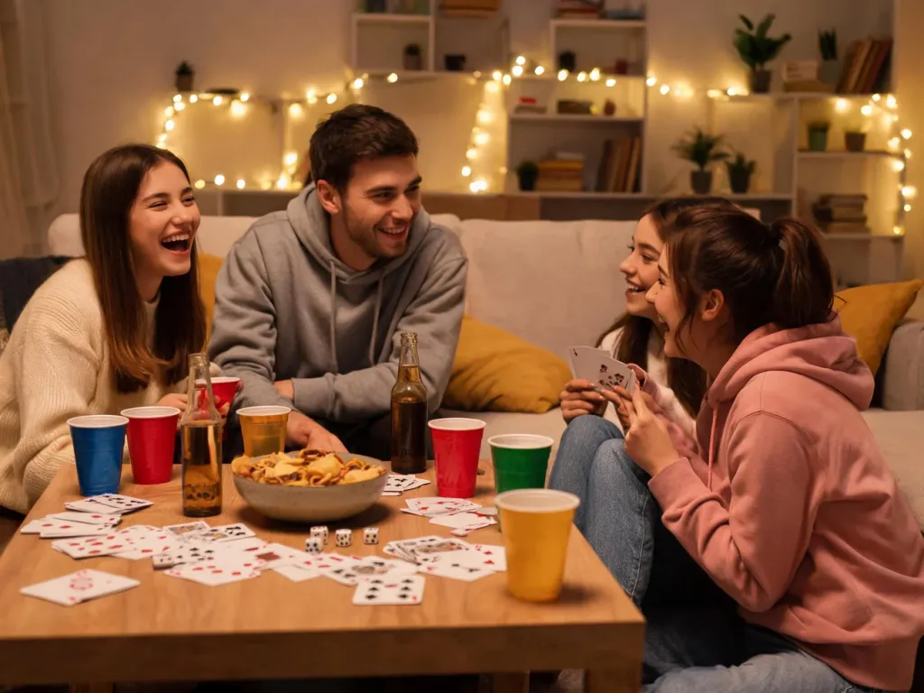 Znajomi bawiący się przy stole z kolorowymi kubkami, przekąskami i kartami, idealna atmosfera na imprezowe gry alkoholowe.