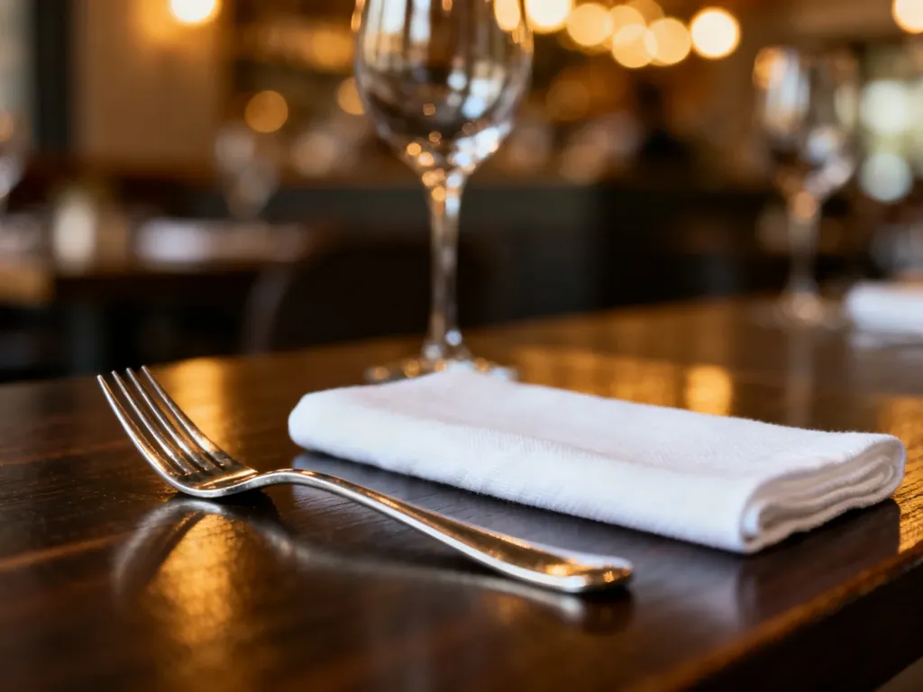 Elegancko nakryty stół w nowoczesnej restauracji, podkreślający profesjonalny standard obsługi w branży HoReCa.