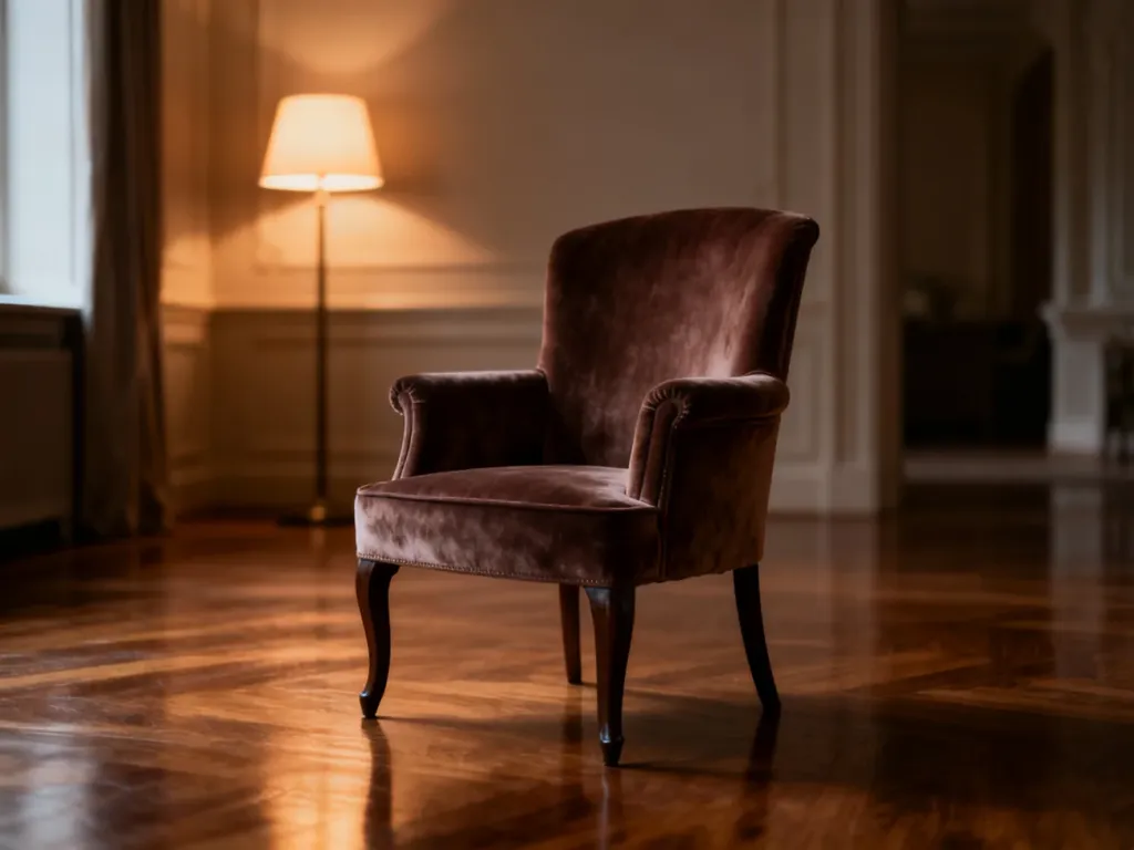 Elegancki fotel w stylowym wnętrzu, ilustrujący pojęcie anturażu jako odpowiedniej oprawy i otoczenia.