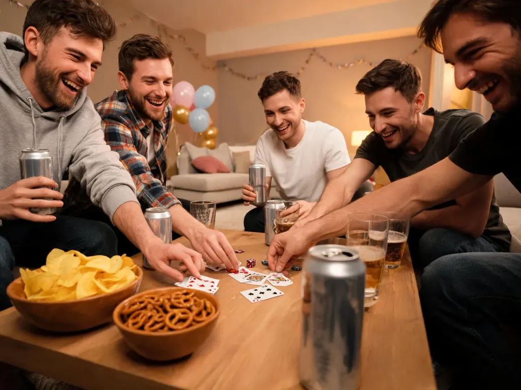 Grupa znajomych gra w imprezowe gry przy stole, z drinkami i przekąskami, w luźnej atmosferze kawalerskiego.