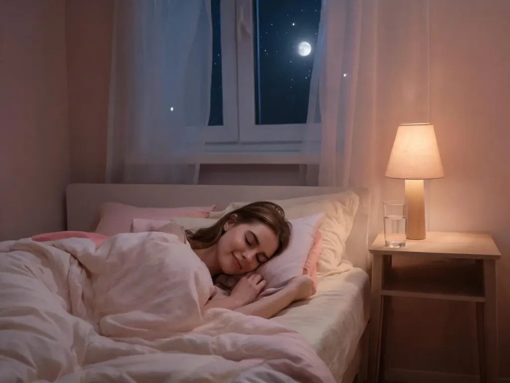 Młoda kobieta spokojnie śpi w przytulnej sypialni nocą, w ciepłym świetle lampki, tworząc nastrój sprzyjający marzeniom sennym.