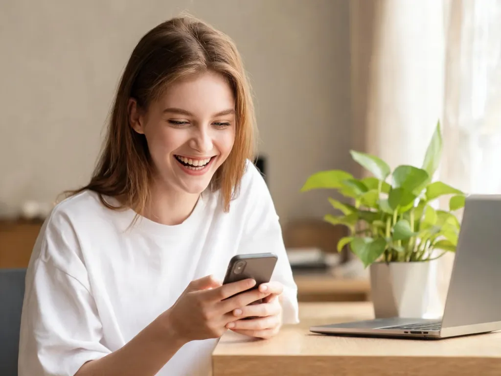 Młoda kobieta śmieje się do smartfona przy biurku, ilustrując użycie skrótu „lol” w codziennej rozmowie online.