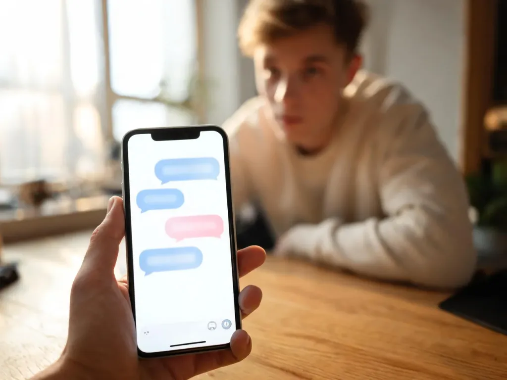 Młoda osoba patrzy z zaciekawieniem na smartfon z kolorowymi dymkami czatu, symbolizującymi internetowe skróty typu „idk”.