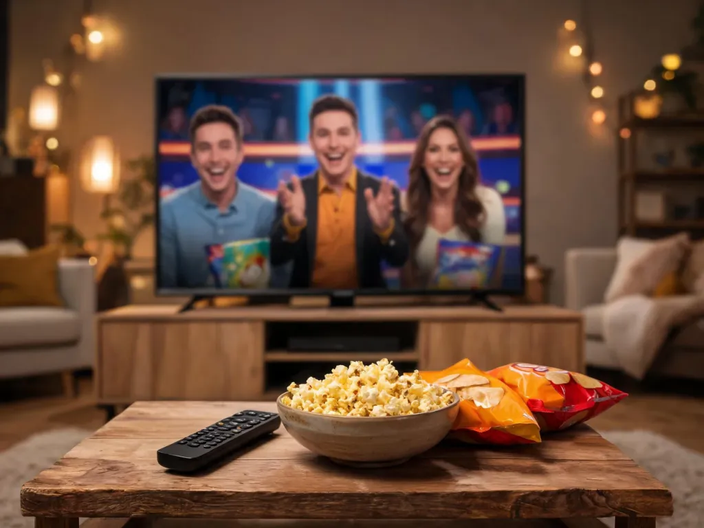 Przytulny salon z telewizorem, na którym leci wesoły teleturniej, popcorn i przekąski gotowe na rodzinny wieczór z Familiadą.