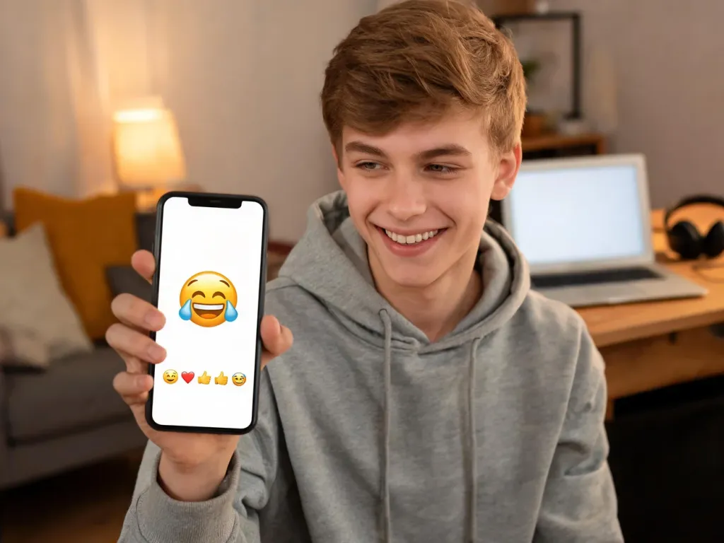 Nastolatek trzyma smartfon z kolorowym czatem i śmiejącą się emotką, ilustrując znaczenie skrótu „xd” w luźnej rozmowie.