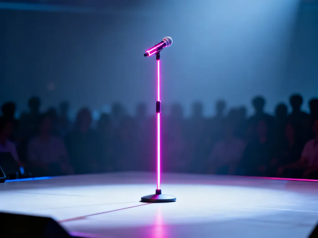 Neonowy mikrofon na scenie w otoczeniu nieostrych sylwetek tłumu, symbolizujący masowy charakter popkultury.