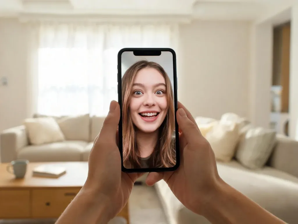Widok z perspektywy użytkownika trzymającego smartfon z pauzowanym shortem, kobieta reaguje zaskoczonym uśmiechem.