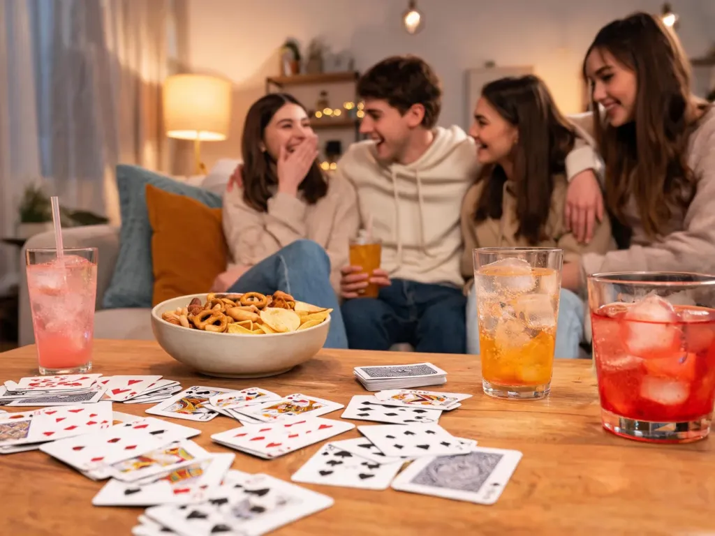 Grupa znajomych przy stole z kartami, przekąskami i kolorowymi drinkami, bawiąca się w „Never have I ever” na imprezie.
