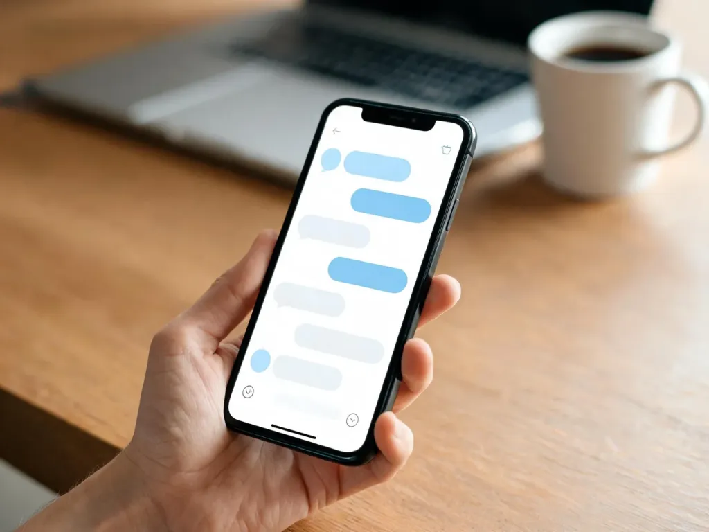 Smartfon z otwartym czatem na biurku, symbolizujący użycie skrótu „fr” w internetowych rozmowach i SMS-ach