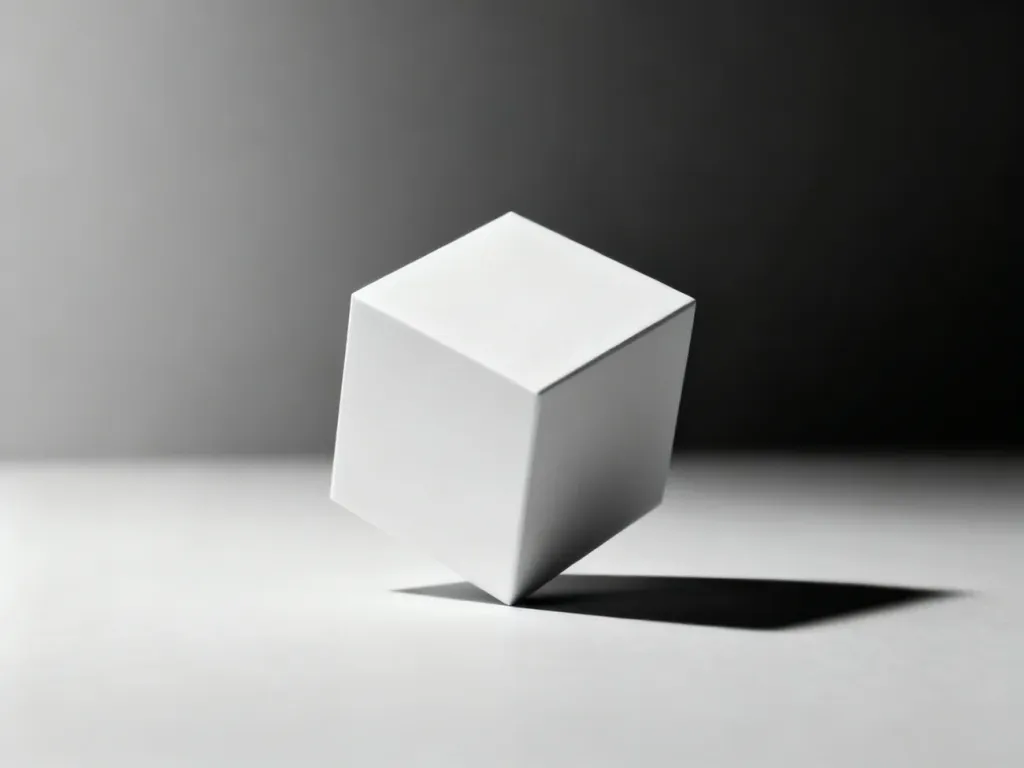 Minimalistyczny biały sześcian na gładkim tle, symbolizujący równowagę i geometryczny porządek.