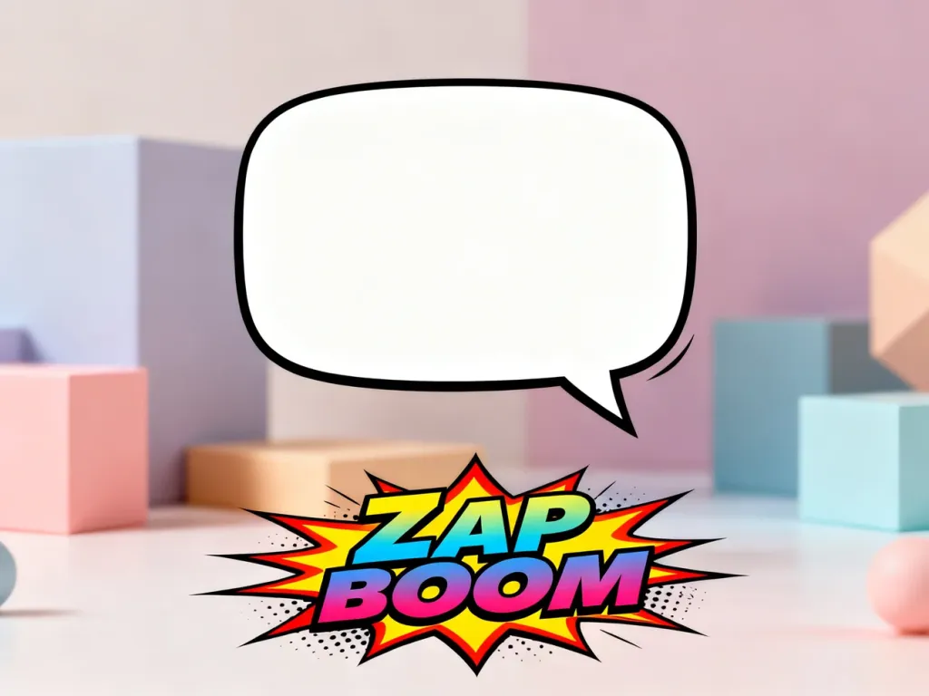 Kolorowa dymek komiksowy z dynamicznym napisem dźwiękonaśladowczym, ilustrujący przykład onomatopei.