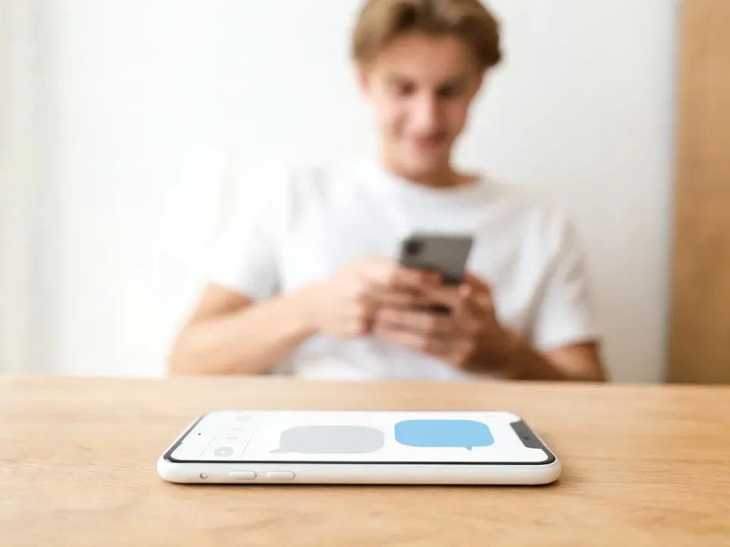 Smartfon z otwartym komunikatorem na biurku, w tle osoba sprawdzająca wiadomości, symbolizuje wysyłanie DM.