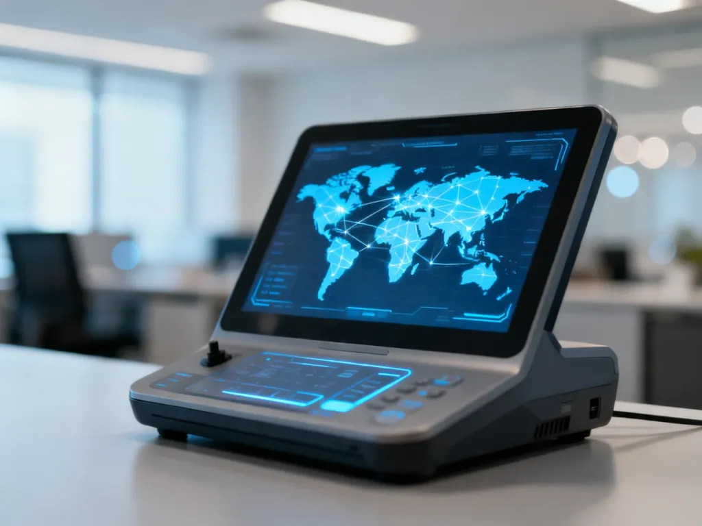 Nowoczesny terminal logistyczny z wyświetloną mapą globalnej sieci połączeń, symbolizujący cyfrowe zarządzanie transportem.