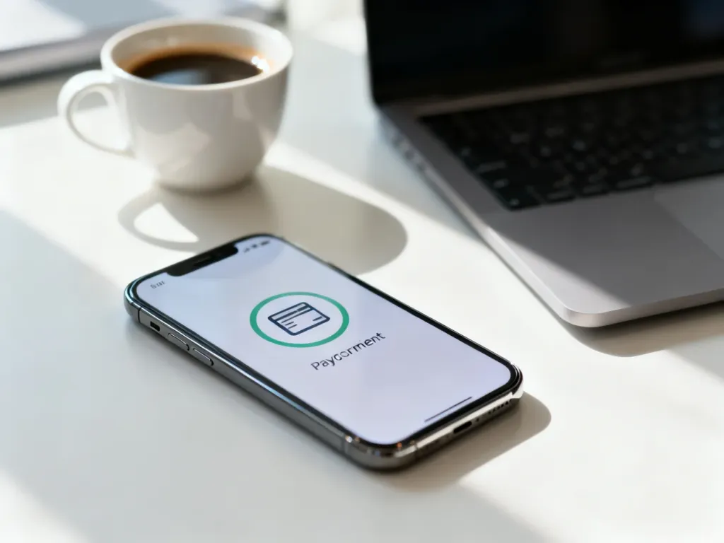 Smartfon z ikoną potwierdzenia płatności cyfrowej na tle biurka, symbolizujący wygodę płatności online.
