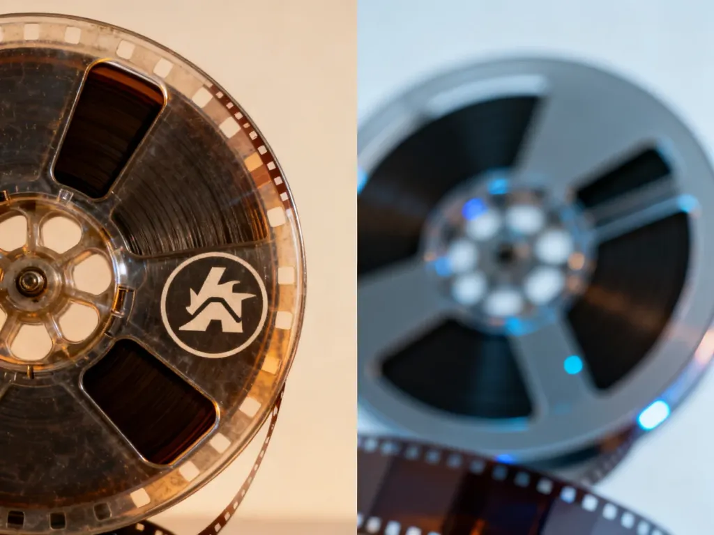 Zestawienie klasycznej taśmy filmowej z nowoczesnym nośnikiem cyfrowym, symbolizujące różnicę między prequelem a sequelem.