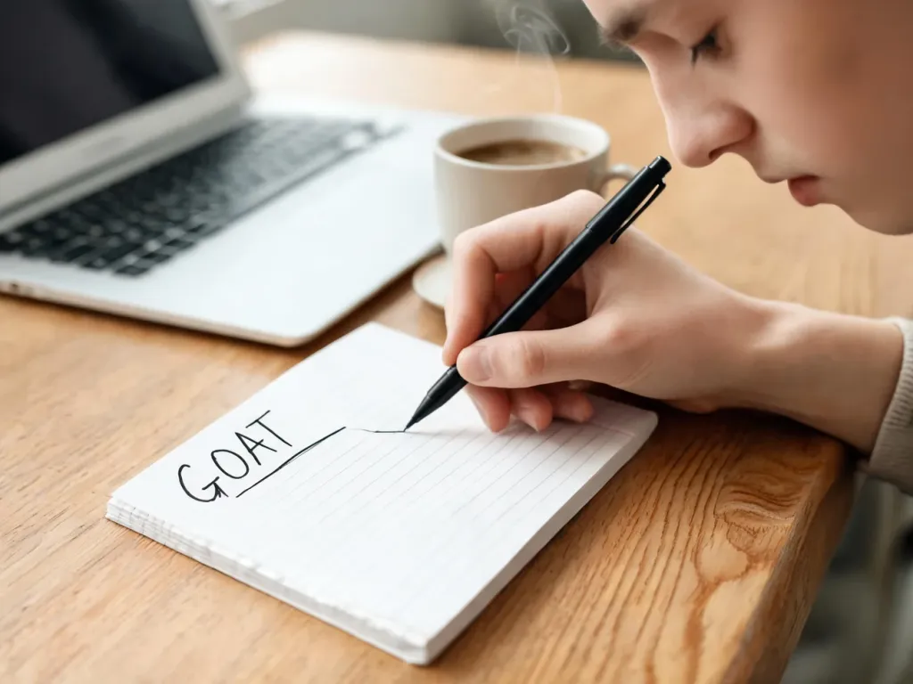 Młoda osoba podkreśla skrót GOAT w notesie przy laptopie i kawie, w domowej, przytulnej atmosferze nauki.