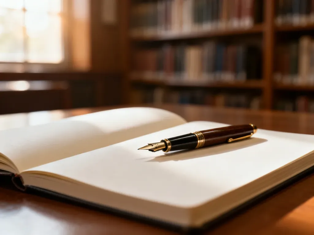 Eleganckie wieczne pióro leżące na otwartym notatniku w przytulnej bibliotece, symbolizujące proces twórczego pisania.