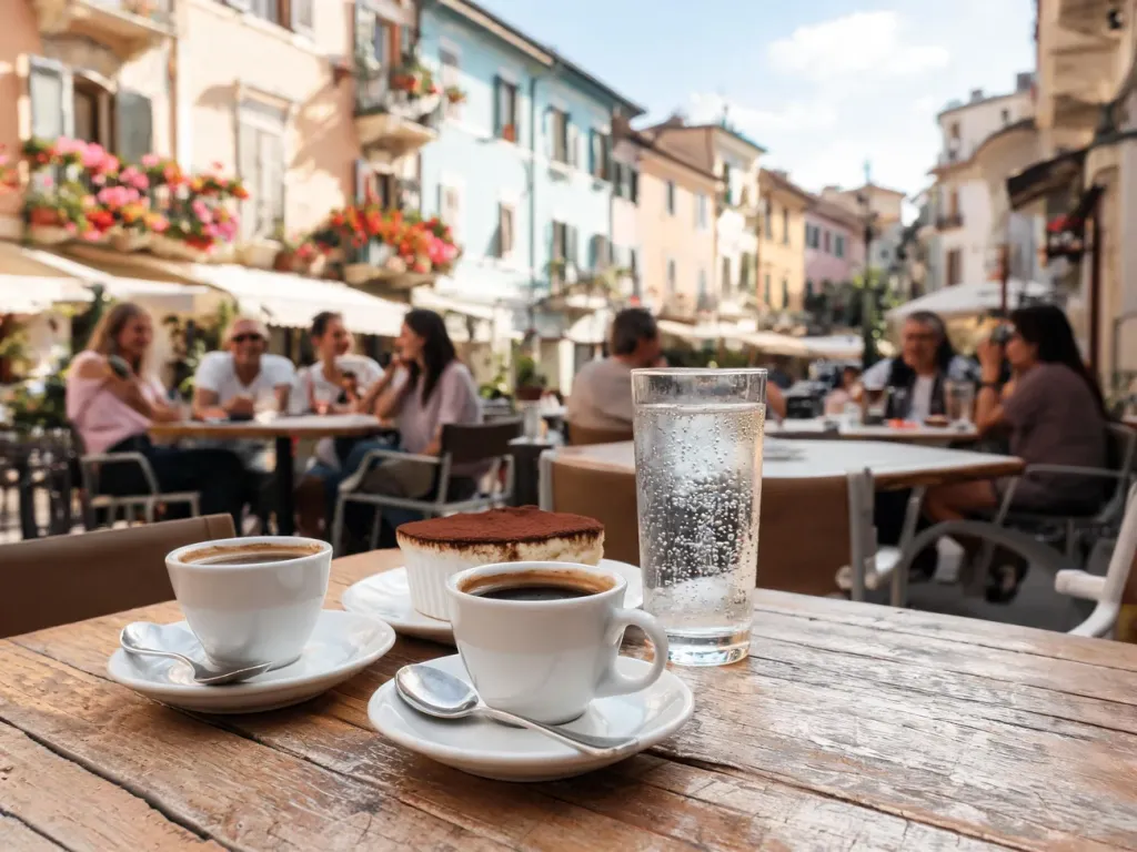 Kawiarniany stolik z espresso i deserem na słonecznej włoskiej uliczce, ludzie relaksują się w tle, atmosfera dolce vita