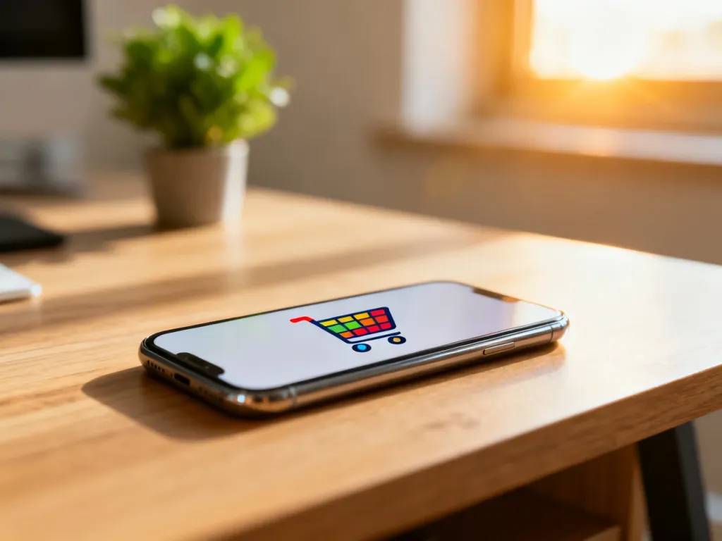 Nowoczesny smartfon z ikoną koszyka zakupowego na ekranie, symbolizujący proces zakupów online w e-commerce.