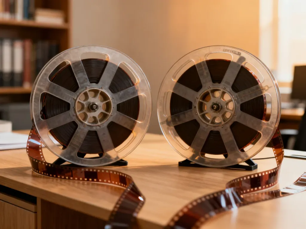 Dwie profesjonalne szpule filmowe na drewnianym biurku, symbolizujące kontynuację i produkcję kinową.