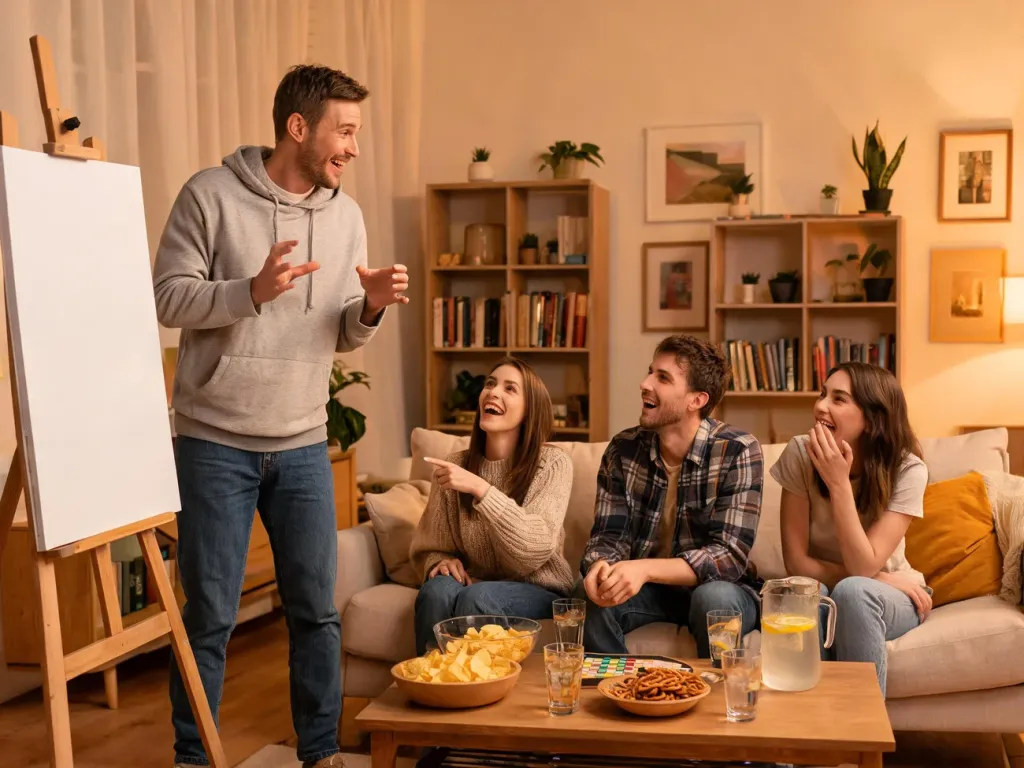 Grupa przyjaciół gra w kalambury w przytulnym salonie, jedna osoba pokazuje hasło na tablicy, reszta odgaduje i śmieje się.