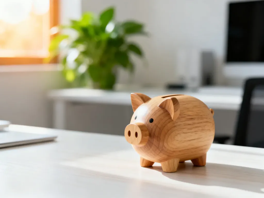 Drewniana skarbonka na biurku, symbolizująca oszczędzanie i planowanie finansowe w ramach IKZE.