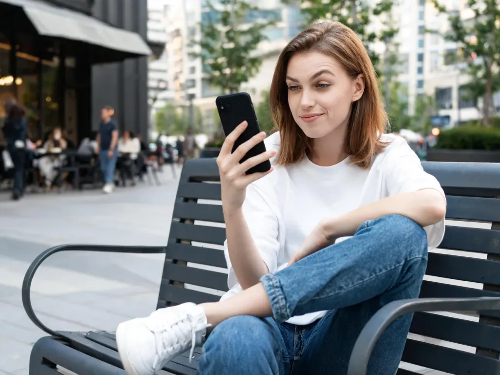 Młoda kobieta na miejskiej ławce przegląda telefon z zawadiackim, pewnym siebie wyrazem twarzy, unosząc brew.
