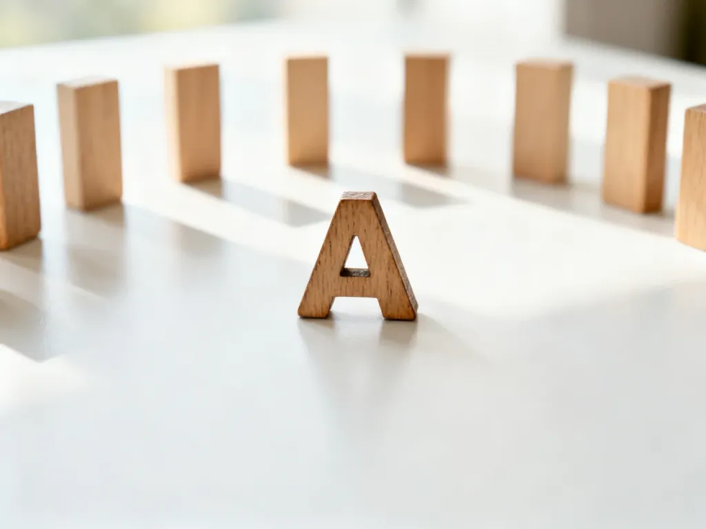 Drewniany klocek z literą „A” na biurku, symbolizujący symetrię i strukturę języka w kontekście palindromów.