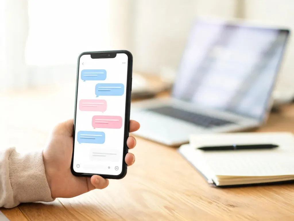 Smartfon z otwartym czatem, kolorowe dymki wiadomości ilustrują użycie skrótu „btw” w codziennej rozmowie
