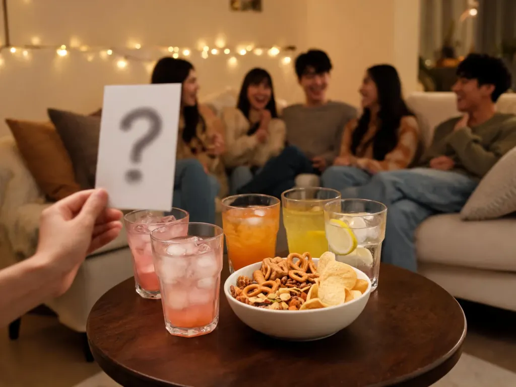 Grupa znajomych na domówce bawi się przy kolorowych drinkach i przekąskach, trzymając karty z pytaniami „Nigdy przenigdy”.