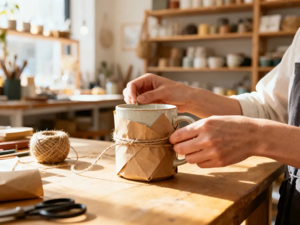 Ręce rzemieślnika pakujące ręcznie wykonany ceramiczny kubek w ekologiczny papier, co podkreśla unikalność produktów Etsy.
