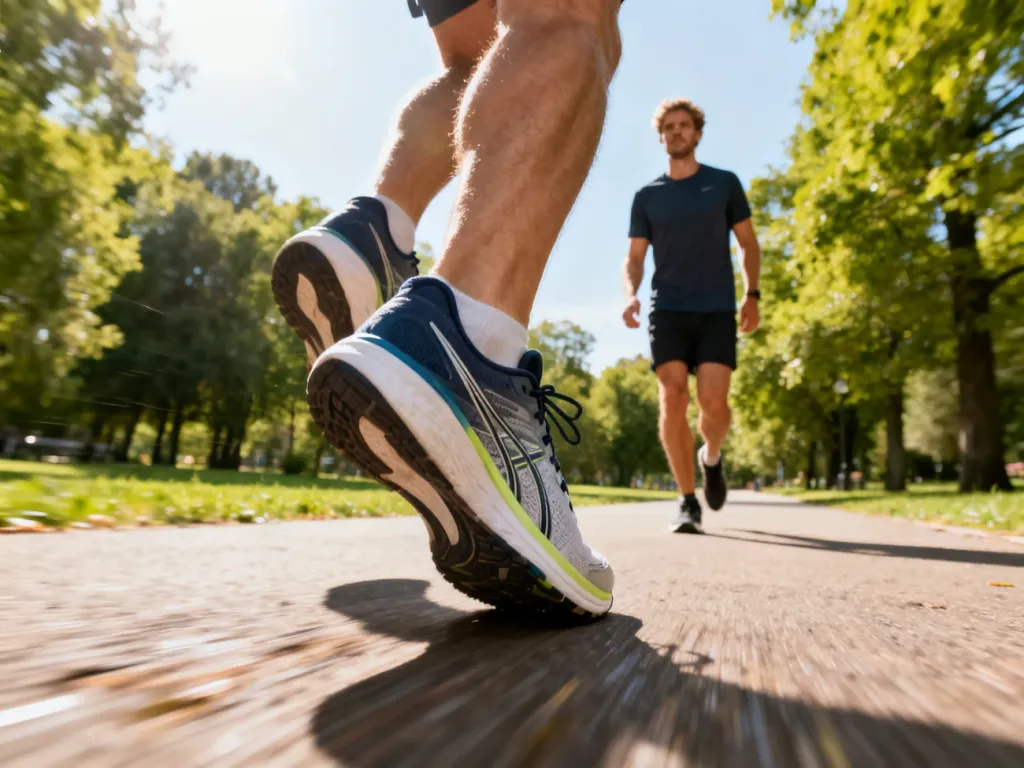 Sportowe buty do biegania na parkowej ścieżce, symbolizujące aktywność fizyczną i pokonywanie dystansu.