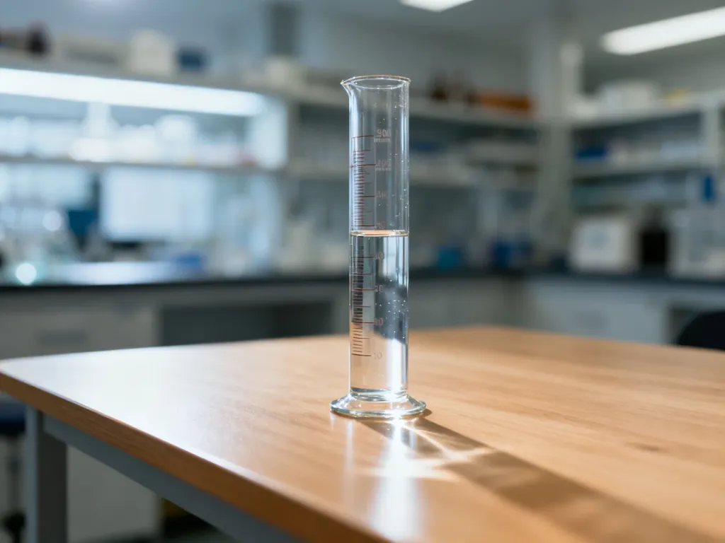 Szklany cylinder pomiarowy z wodą na drewnianym stole, ilustrujący precyzyjne odmierzanie objętości płynów.