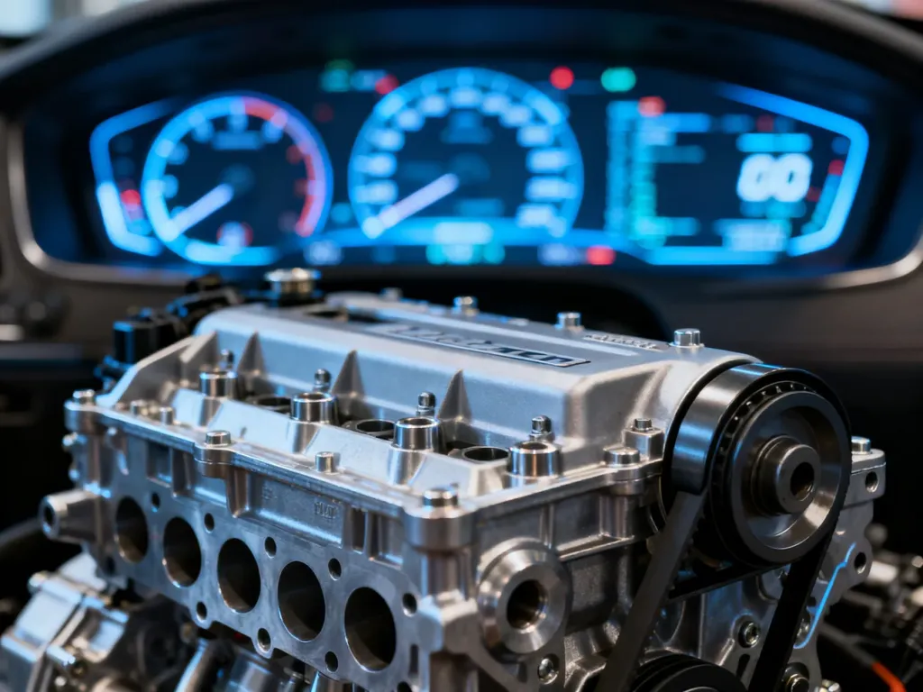 Nowoczesny blok silnika samochodowego na tle cyfrowej deski rozdzielczej, podkreślający zaawansowaną technikę motoryzacyjną.