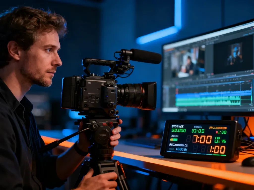 Profesjonalny operator z kamerą filmową w studiu, z widocznym na ekranie licznikiem czasu nagrania i pojemności pamięci.