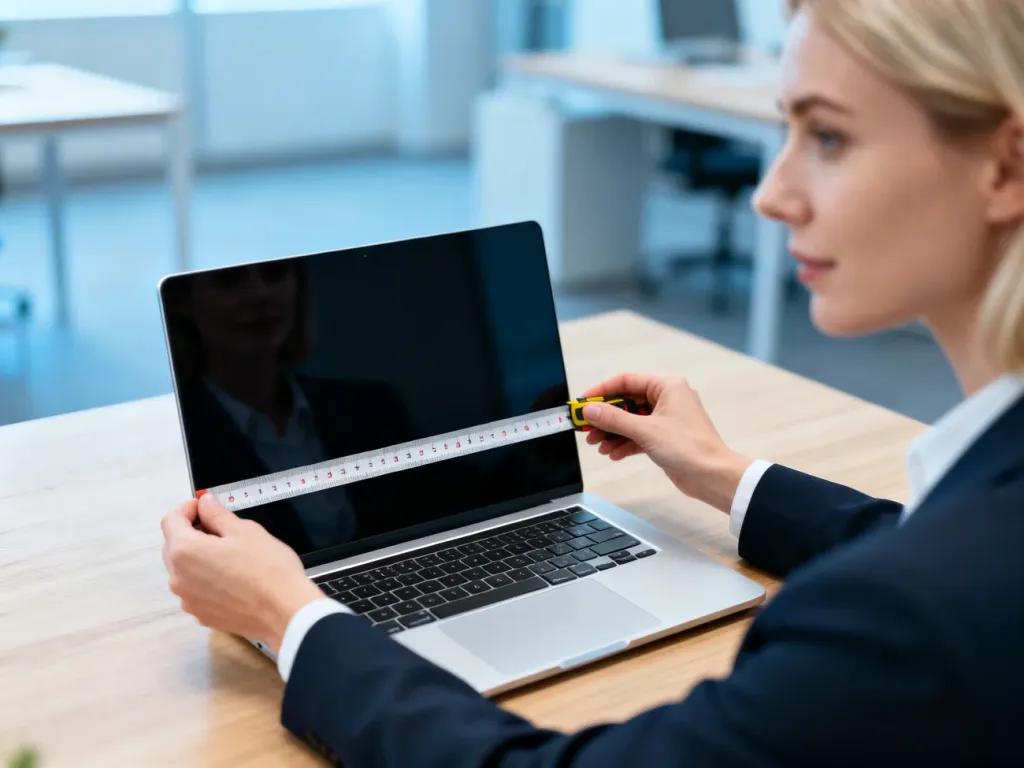 Kobieta mierzy przekątną ekranu nowoczesnego laptopa za pomocą miarki krawieckiej na drewnianym biurku.