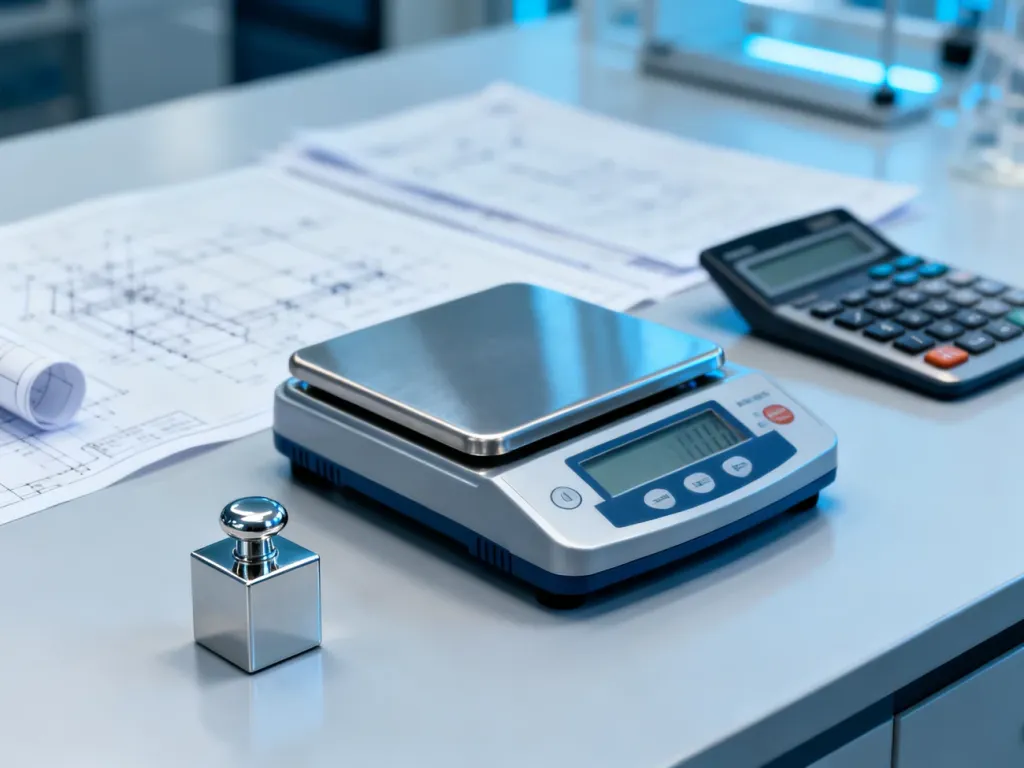 Precyzyjna waga laboratoryjna z metalowym odważnikiem, ilustrująca proces dokładnego pomiaru masy.