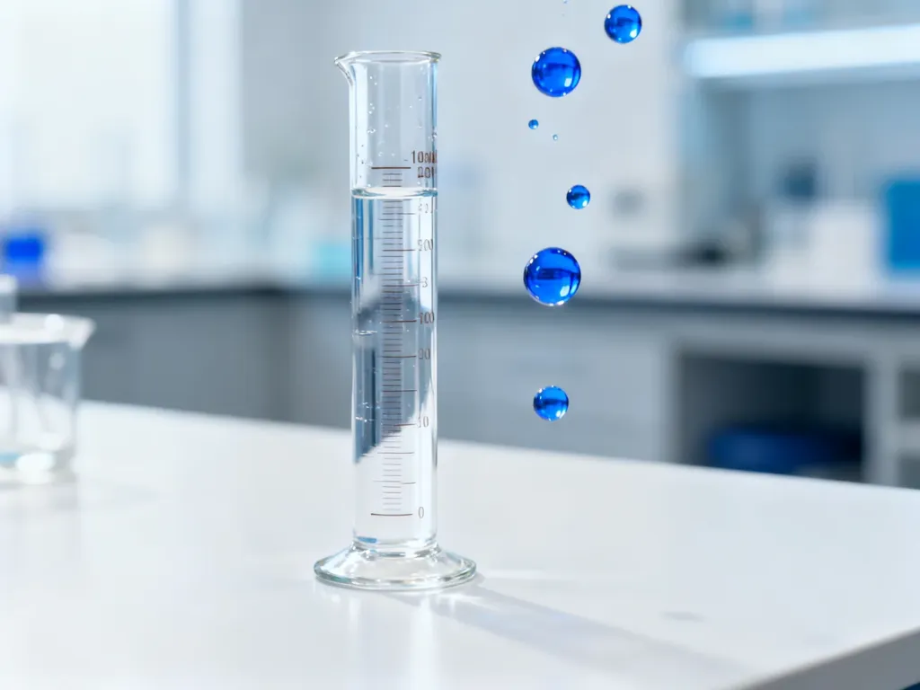 Szklany cylinder laboratoryjny z precyzyjnie odmierzaną niebieską cieczą na białym tle.