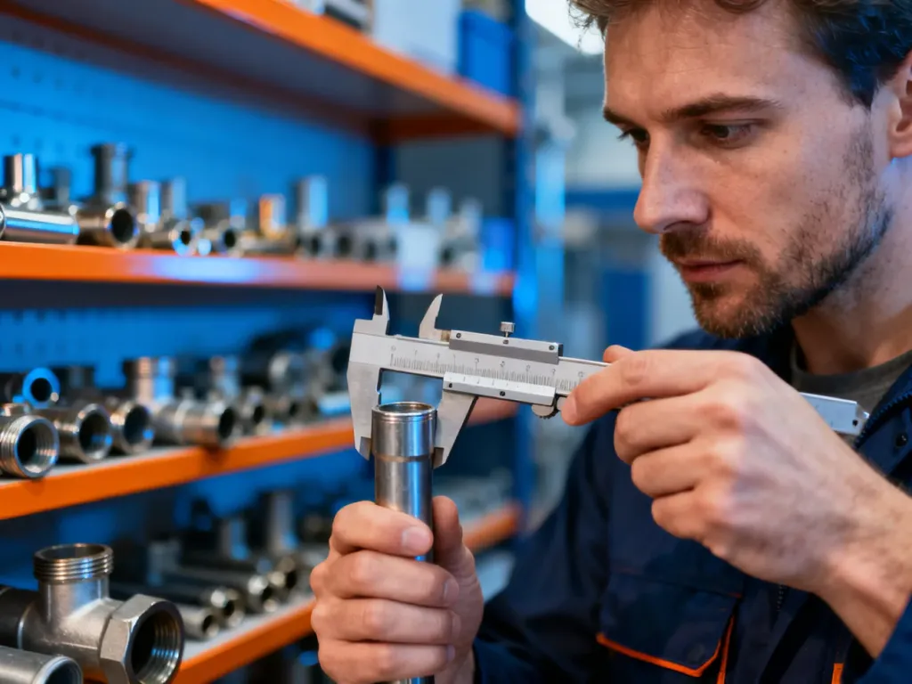 Hydraulik używający suwmiarki do precyzyjnego pomiaru średnicy metalowej rury w profesjonalnym warsztacie.